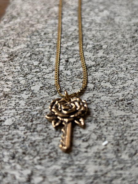 Gold Rose & Key Pendant Necklace