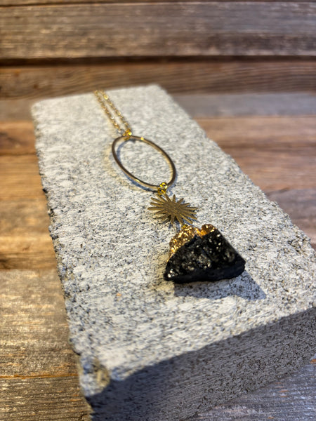 Black Tourmaline & Sunburst Pendant Necklace