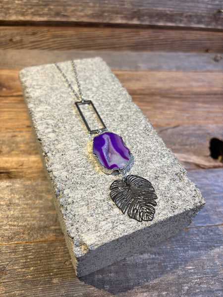 Purple Agate & Monstera Leaf Necklace