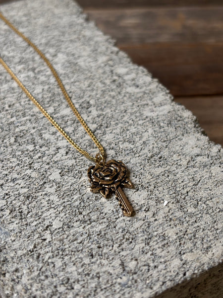 Gold Rose & Key Pendant Necklace