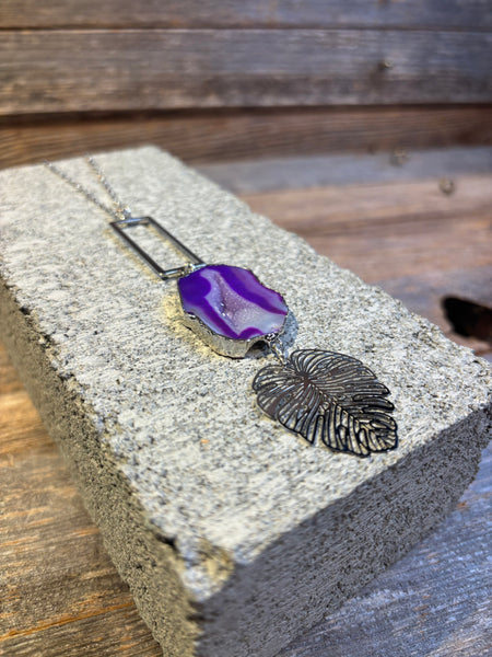 Purple Agate & Monstera Leaf Necklace