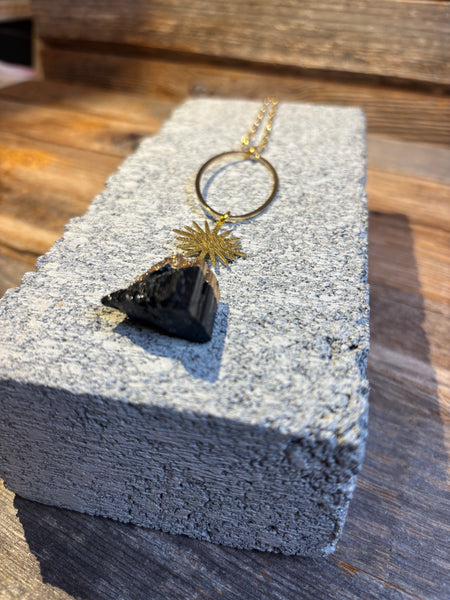 Black Tourmaline & Sunburst Pendant Necklace