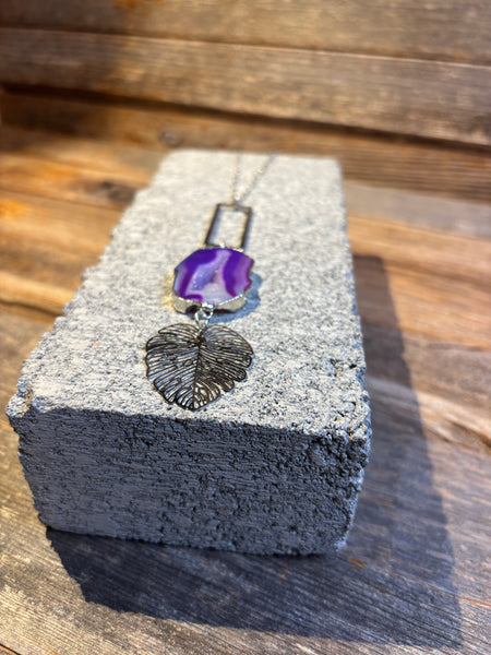 Purple Agate & Monstera Leaf Necklace