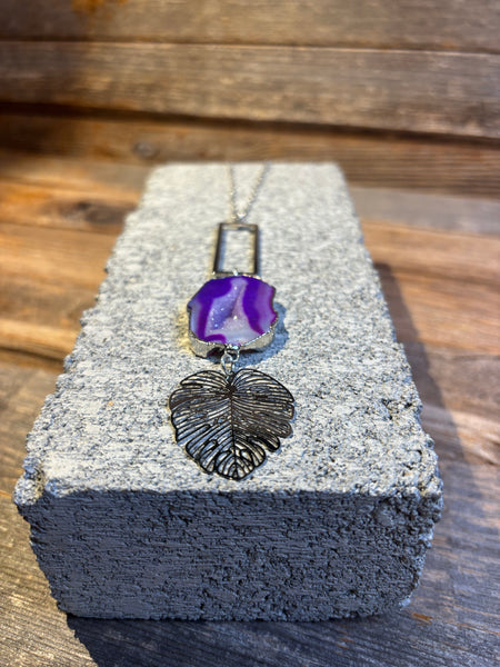 Purple Agate & Monstera Leaf Necklace