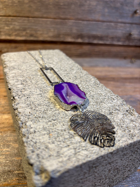 Purple Agate & Monstera Leaf Necklace