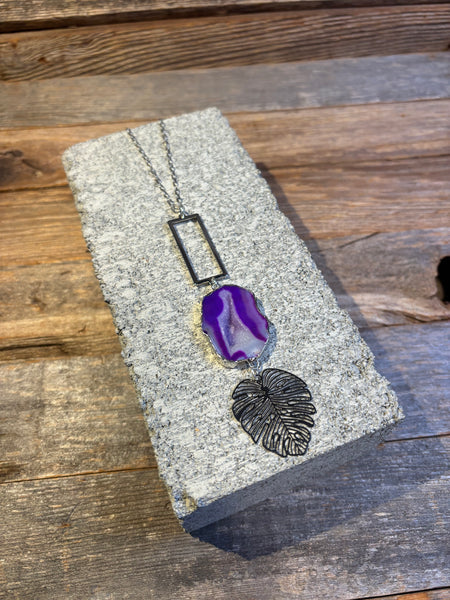 Purple Agate & Monstera Leaf Necklace
