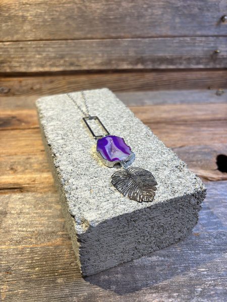 Purple Agate & Monstera Leaf Necklace