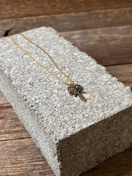 Gold Rose & Key Pendant Necklace