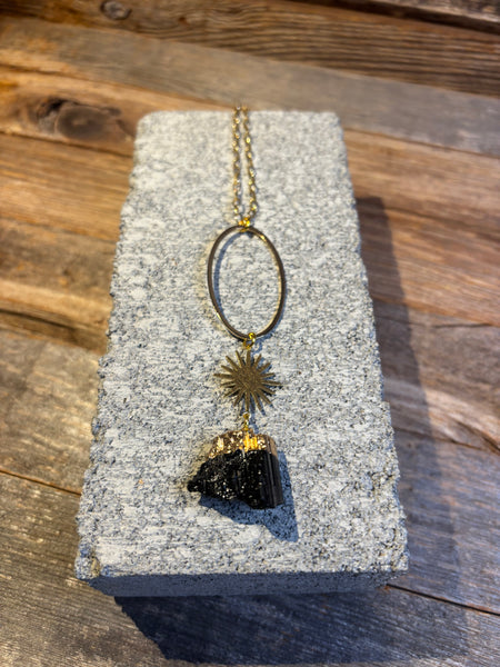 Black Tourmaline & Sunburst Pendant Necklace